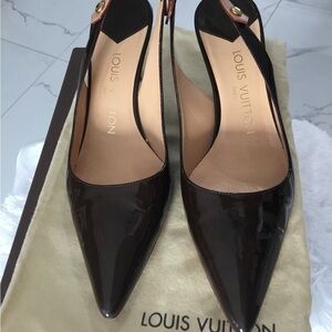 Louis Vuitton Dark Brown Patent Slingback Heels